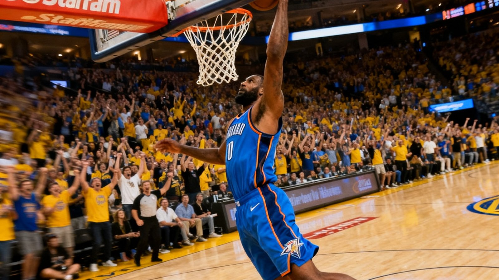 NBA赛场上，一名身穿蓝色球衣的球员高高跃起完成单手劈扣，篮筐剧烈震动，背景中观众席爆发出震耳欲聋的欢呼声