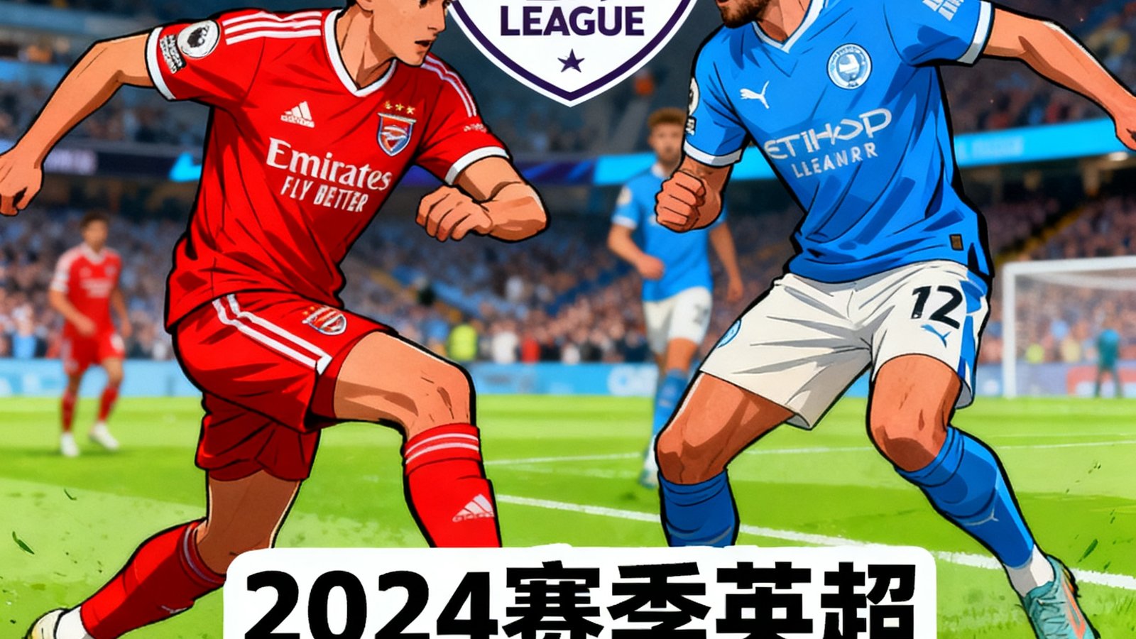 2024赛季英超冠军争夺战分析，红色球衣与蓝色球衣的球员在球场上激烈对峙，背景为英超联赛标志