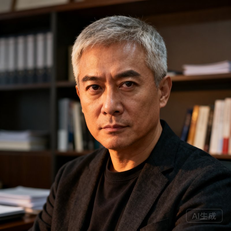 牛志远创始人，一位五十岁左右的中年男性，短发微白，眼神沉稳而锐利，身穿深色休闲西装，背景为办公室书架