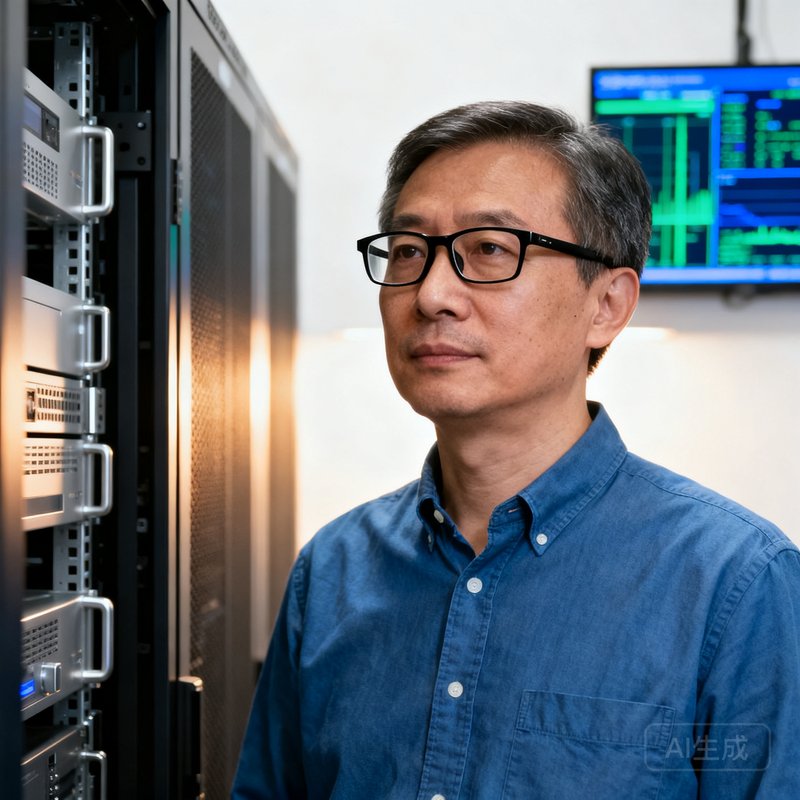李明远博士，一位四十岁戴着黑框眼镜的男性，学者气质，身穿蓝色牛津衬衫，背景为服务器机房和数据图表
