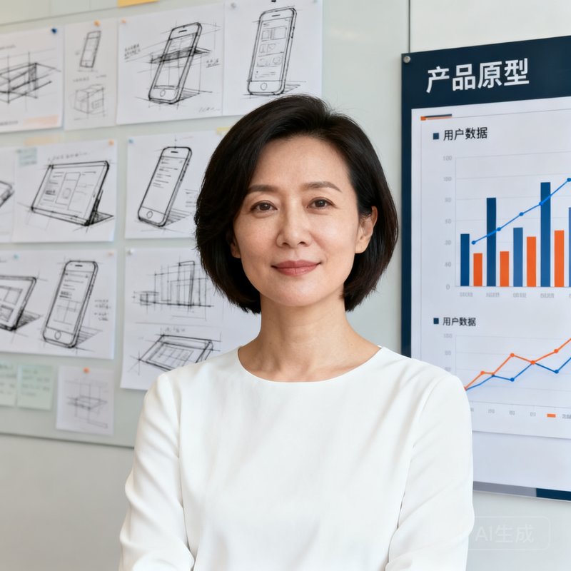 王雅楠，一位三十五岁短发女性，干练自信，身穿白色简约上衣，背景为产品原型设计墙和用户数据看板