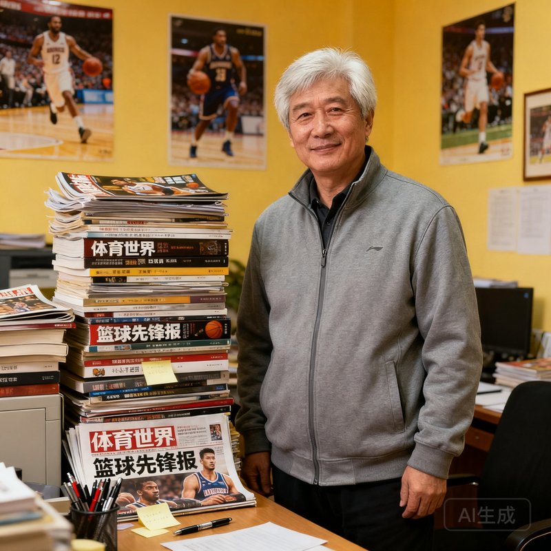 张磊，一位五十五岁花白头发男性，儒雅温和，身穿灰色休闲夹克，背景为堆满体育书籍和杂志的编辑办公室